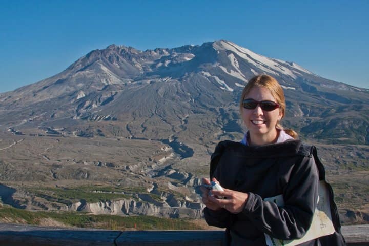 I used as high of an f/stop I could so that both my wife and Mount St. Helens were in focus.