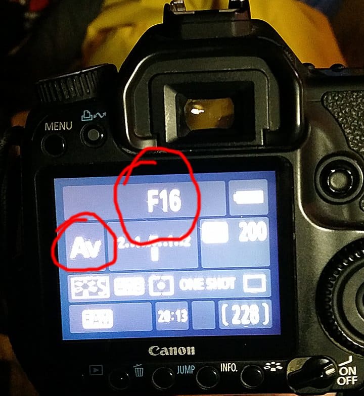 You can see my screen shows my camera is in Av mode and the current F/stop is F16.